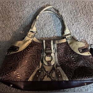 Sharif Floral Embossed Brown and Cream Shoulder Bag